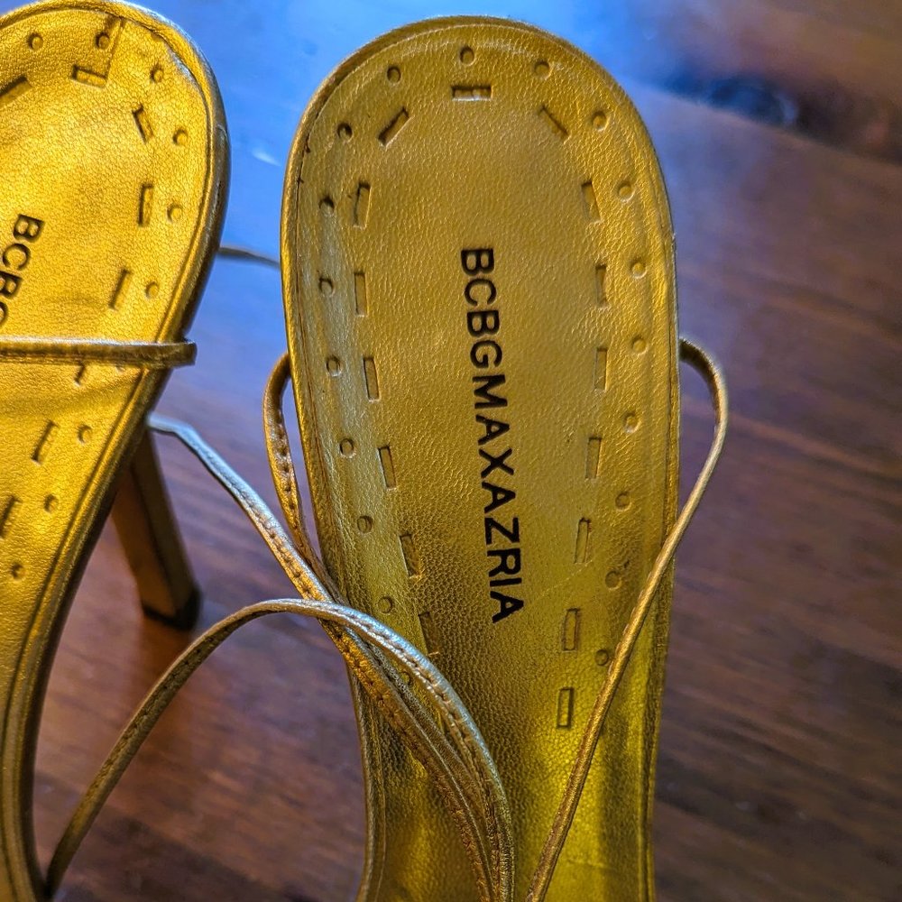 BCBG MAXAZRIA metallic gold ankle strap heeled sandals Size 8.5 - Picture 8 of 10